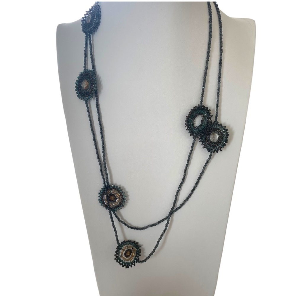Vintage Boho Seed Bead and Crystal Station Necklace Handmade artisan